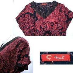 アミナ エスニック ワンピース ブラック×レッド 赤黒系　草花 絞り紐付き 三分袖 Vネック Amina　☆ PayPay(ペイペイ)決済可能 ☆ 札幌市 豊平区 平岸 平岸店の画像