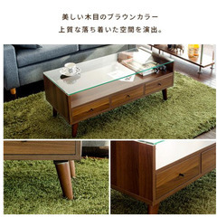  ローテーブル 北欧　ガラステーブル ブラウン　センターテーブル 収納 モダン 木製の画像