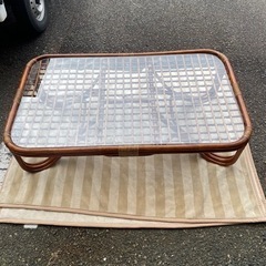 ラタン 藤 ガラス テーブル 座卓 机 木製 アンティーク レトロ