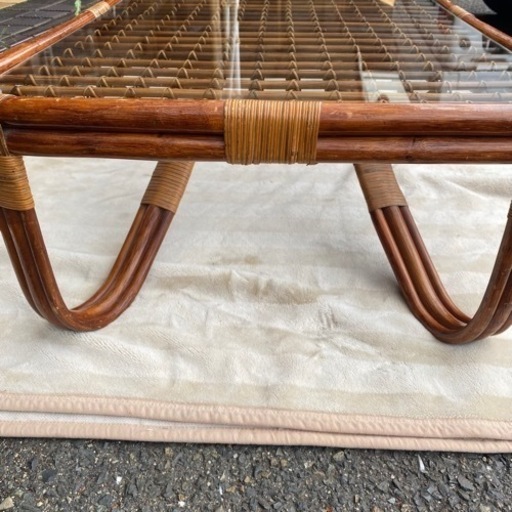 ラタン 藤 ガラス テーブル 座卓 机 木製 アンティーク レトロ