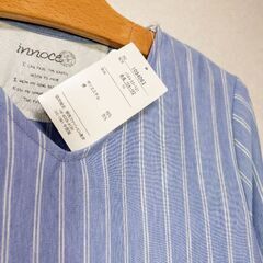 【成立終了】〘innoce〙袖口リボンのサマーカットソー／ストライプ ／レディースＬＬ✨タグ付き未着用の画像