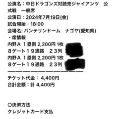 【お取引終了】バンテリンドームチケット　7/19(金)中日vs巨...