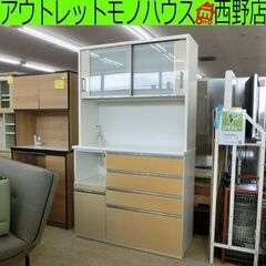 レンジボード 大型 幅120cm ホワイト×木目調 エナメル 鏡面 キッチンボード 大容量 札幌 西野店