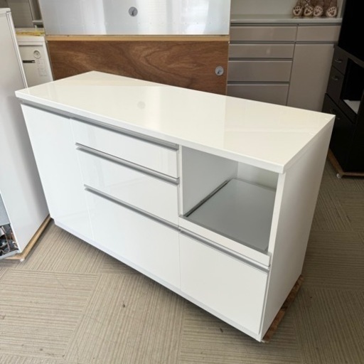 【美品‼️】日本製♪ 高橋木工所 140cm幅キッチンカウンター 食器棚 レンジボード 収納家具 鏡面仕上げホワイト♪