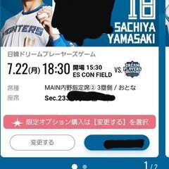 7/22 日韓ドリームプレーヤーズゲーム　ペアチケット　エスコン...