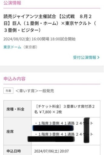 8月2日金18時開始⭐︎東京ドーム　巨人×ヤクルト車いす席1名付き添い2名まで