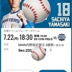 値下げ❗️7/22（月）日韓ドリームプレーヤーズゲーム　連席　端2席❗️　エスコンの画像