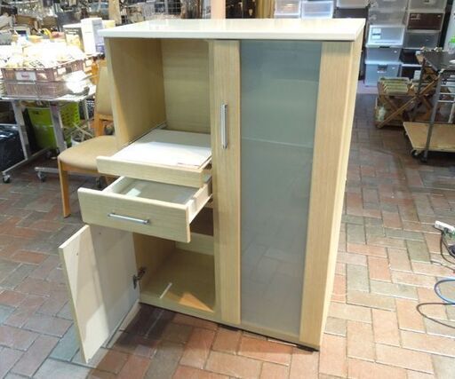 やや使用感あり ミドルレンジボード ナチュラルブラウン×ホワイト 幅80cm 高さ115cm キッチン収納 札幌市東区 新道東店