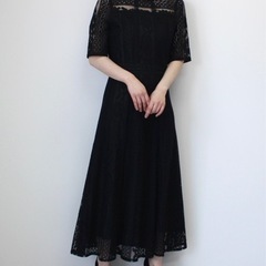 ロングワンピース　Sサイズ　総レース　ブラック　ハイネック　半袖...