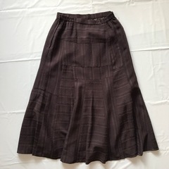 フレアスカート　ロングスカート　パッチワーク　麻　綿混　ブラウンの画像