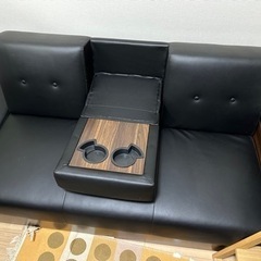 北欧風PUレザーソファセット黒茶中古品、ソファーの画像