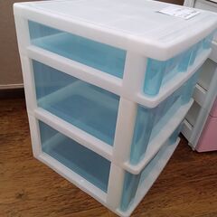 ★ジモティ割あり★  ３段衣装ケース クリアブルー×ホワイト H57×D45×W50 クリーニング済み MT1640の画像