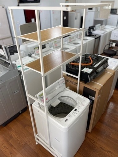 木目調 ハンガーバー付きランドリーラック