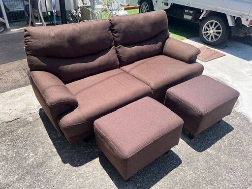 ★2人掛けソファ★ オットマン2個付き 布製 ブラウン リビング ナチュラル シック 大きめ ファミリー