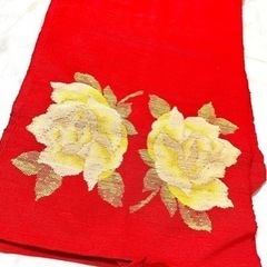 帯 夏用 赤 麻 黄色の花の画像