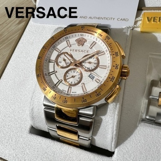 【商談中】ヴェルサーチ 時計 メンズ VERSACE 腕時計 ビンクゴールド×シルバー 箱付き ナンバーカード付き 稼動品 スイス製  クロノグラフ