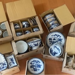 【昭和レトロ】萩窯　染付 唐子　うつわセット