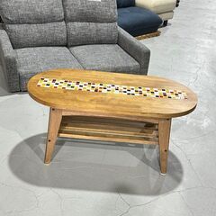 ★センターテーブル★ ガラスタイル モザイクタイル 楕円 木製 レトロモダン ポップ ラック付き W900の画像