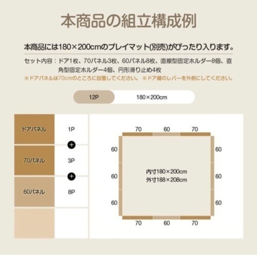 赤ちゃん ベビーサークル ドア付セット ハイタイプ モダン 扉付き ベビールーム 180×200cm ベビーゲート 長方形 Anuri