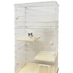 ほぼ未使用3段 白 RAKU 猫 ケージ キャスター付 ワイド扉...