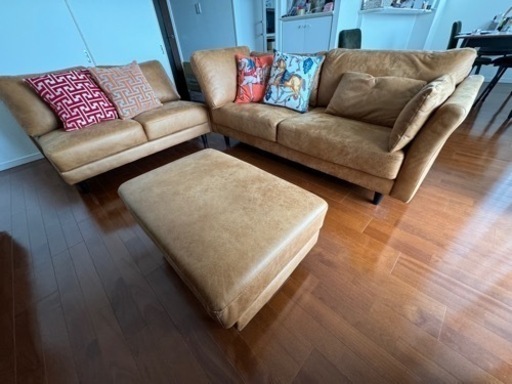 【引き渡し済】美品 ソファーセット オットマン付 PVC レザー調 合皮 