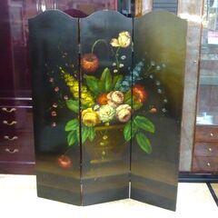 木製　花柄　3連　屏風　おりたたみついたて（中古）