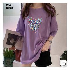 レディース Tシャツ 夏服半袖 ロングTシャツ パープル XL 韓国ファッションの画像