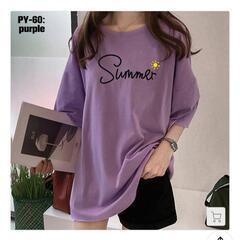 レディース Tシャツ 夏服半袖 ロングTシャツ パープル XL 韓国ファッションの画像