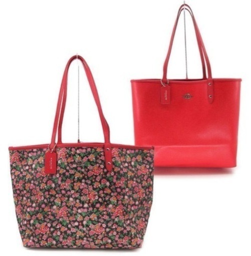 値下！コーチ美品　COACHリバーシブルトートバッグ　赤色×小花柄　A4可