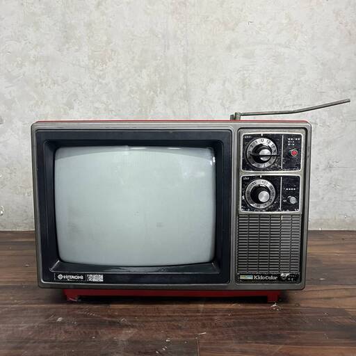 WY12/97 希少 日立 HITACHI カラーテレビ C14-407 ブラウン管 1977年製 昭和52年 赤色 レッド 昭和レトロ アンテナ ※ジャンク品　