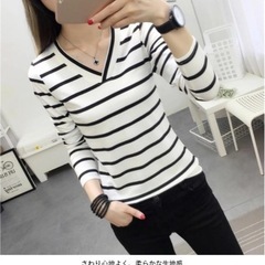 【地元限定価格】レディース　カットソー　ボーダーシャツ　vネック...