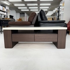 【美品‼️】定価24,900円♪ ニトリ 120cm幅センターテーブル(デイジー) ローテーブル 引き出し付き 鏡面仕上げホワイト×木目調ダークブラウン♪の画像