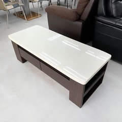 【美品‼️】定価24,900円♪ ニトリ 120cm幅センターテーブル(デイジー) ローテーブル 引き出し付き 鏡面仕上げホワイト×木目調ダークブラウン♪の画像