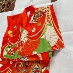 7歳向け・表側正絹・レトロ着物、飾り帯、バッグ、草履のセット・目...