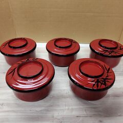 すし器5人前　樹脂製　寿司鉢 　朱竹節　直径13㎝　高さ8㎝　蓋...