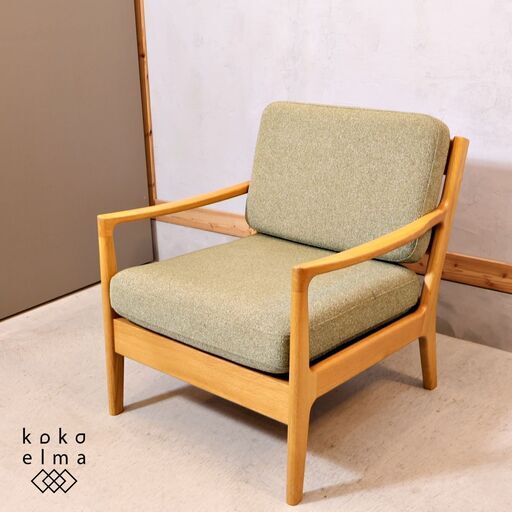IDC OTSUKA(大塚家具)の人気シリーズNordy(ノルディー) アームチェアです！オーク材の明るい木肌にグリーン系のカラーのファブリックが優しい印象のラウンジチェア。ゆったりとした座り心地も◎