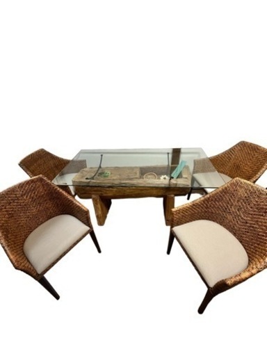 KAJA カジャ ガラスダイニングテーブル 美品 古木 椅子4脚付き インドネシア