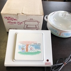 未使用　高級ホーロー鍋 電気保温プレートセット うさぎ絵 ハンデ...