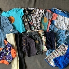 【80cm】夏服セット (デニムカバーオール、男の子水着、甚平、お食事エプロン付き)の画像