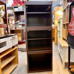 フラップ扉 3段ラック チェスト 棚板付き 本棚 キャビネット 収納 ダークブラウン 茶色 横幅44.2cm奥行35cm高さ129cm★買取帝国 志木店の画像