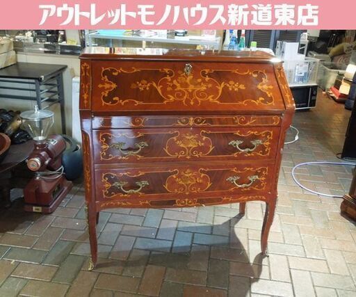 ライティングビューロー 鍵付き 猫脚 イタリアン マーケタリー 象嵌細工 ライティングデスク キャビネット 机 札幌市 新道東店