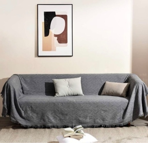 【美品】ソファカバー 180×300 マルチカバー フリンジ付き 北欧風 グレー