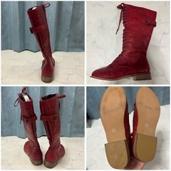 レディース 37 23.5~24.0cm ロングブーツ 編み上げ レッド 平底の画像