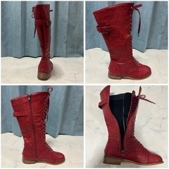 レディース 37 23.5~24.0cm ロングブーツ 編み上げ レッド 平底の画像