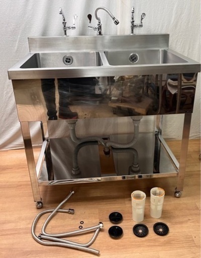 【14】 引き取り限定 2槽シンク 美品 カラン付き 900×600×800mm 厨房機器 店舗用品
