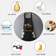 クッキング エプロン ブラック 前掛け 両サイド アップリケ お手拭き 防水の画像