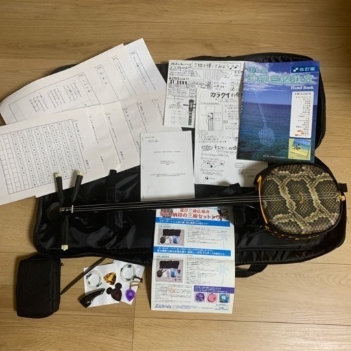 沖縄 三線 人工皮 蛇柄 弦楽器 琉球 黒塗り ケース付 爪 初心者セット