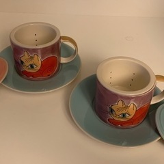 新品 フランス ２個　手描きネコマグカップセット