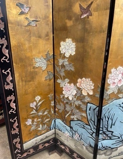 屏風　衝立　唐木 紫檀 両面彫り 24金箔 彫刻 4枚折り 衝立黒檀　中国美術