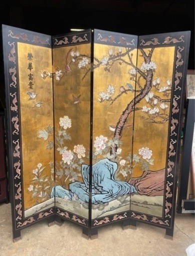 屏風　衝立　唐木 紫檀 両面彫り 24金箔 彫刻 4枚折り 衝立黒檀　中国美術